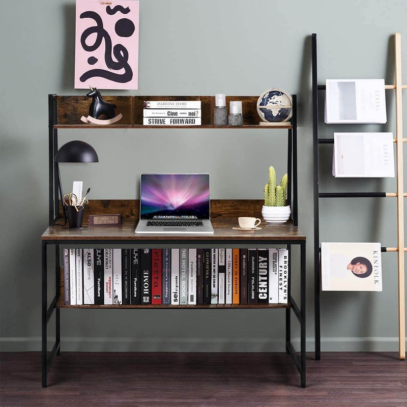 47'' Computer Desks Office Writing Table with Hutch Bookshelf, Rustic Brown