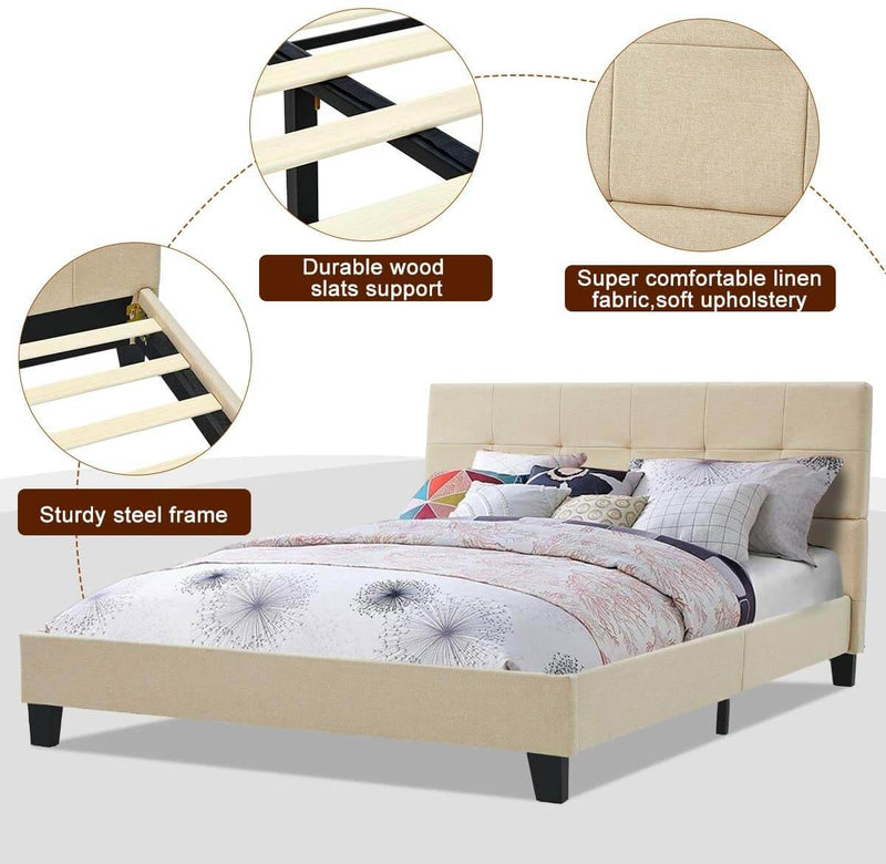 Platform Bed Frame, Full Size Linen Fabric Bed Frame with Wood Slats Support, Upholstered Platform Bed Mattress Foundation,Easy Assembly (Full Size/Beige)