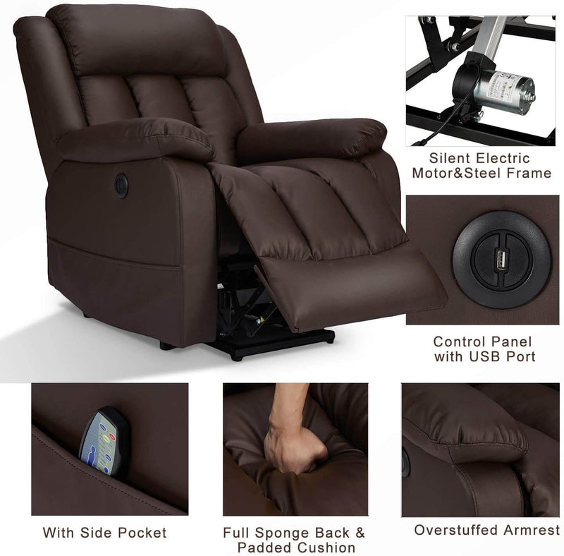 Power Lift Chair Electric Recliner Sofa for Elderly, Faux Leather Electric Recliner Chair with Heated Vibration Massage, Side Pocket and USB Port, Dark Brown