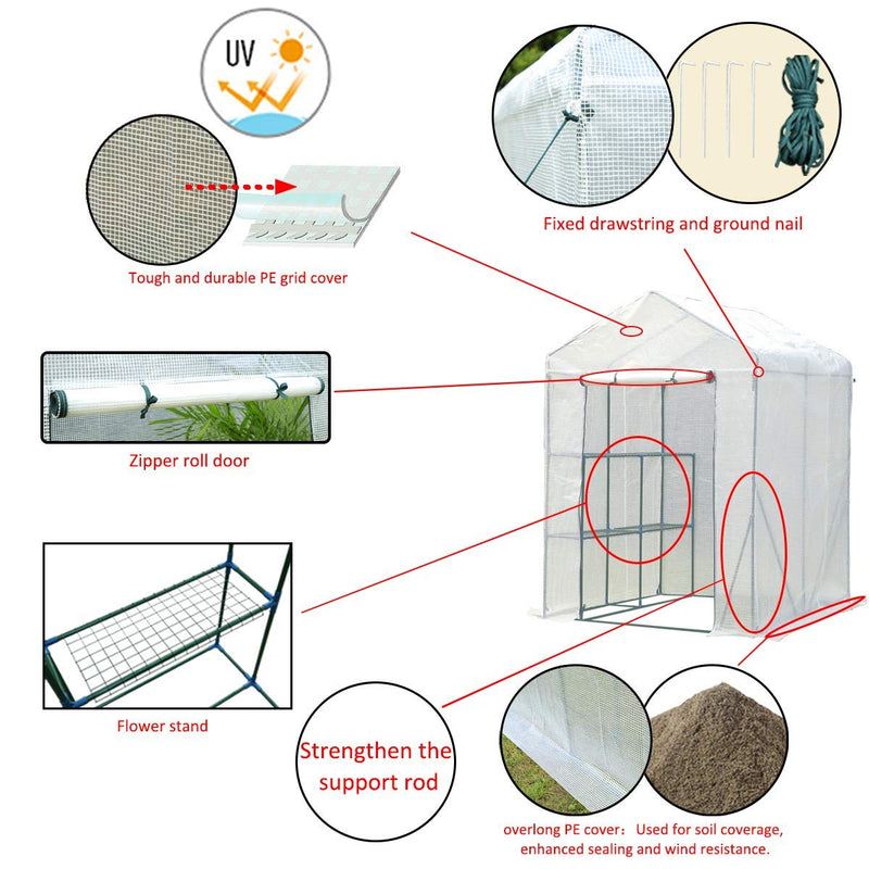 Walk-in Greenhouse, Indoor Outdoor Plant Gardening, 2 Tier 4 Shelves Hot House for Flowers, Plants and Vegetables 56"x 56" x 77" White