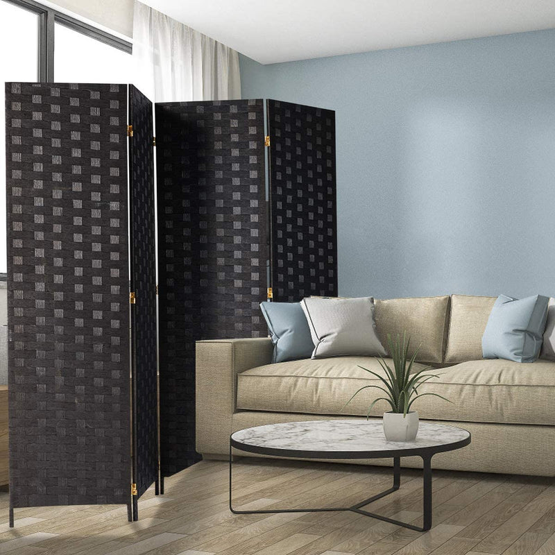 4 Panels Room Divider, 6 FT Tall Weave Fiber Room Divider, Double Hinged, Folding Privacy Screens, Freestanding Room Dividers, Black