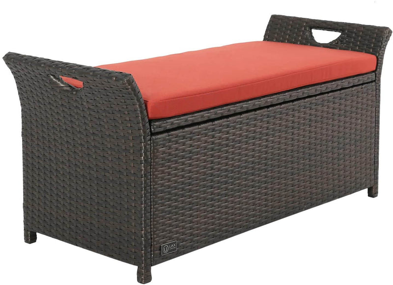 Outdoor Storage Bench with Wing Handles, Rattan Style Deck Box with Red Cushion