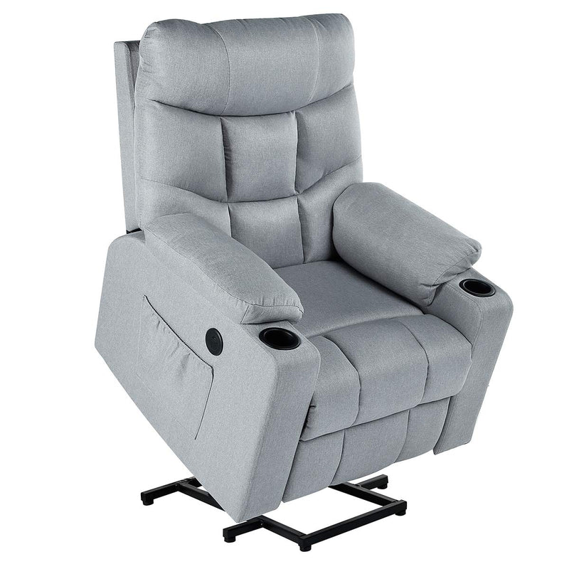Power Lift Chair Electric Recliner for Elderly Heated Vibration Fabric Sofa Living Room Chair with 2 Side Pockets and Cup Holders, USB Charge Port & Remote Control, Gray