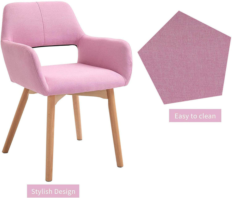Modern Living Dining Room Accent Arm Chairs, Fabric Mid-Century Upholstered Seat with Solid Wood Legs, Pink
