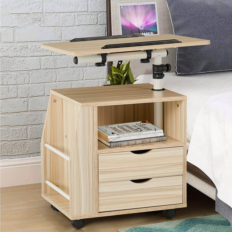 Bedside Table Height Adjustable End Table, Wooden Nightstand with Swivel Top, Storage Drawers & Universal Wheels, White Maple