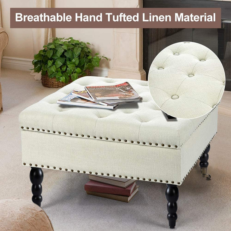 29" Square Tufted Button Storage Ottoman Table Bench with Rolling Wheels Nailhead Trim Linen Fabric Foot Rest Stool/Seat for Bedroom, living Room and Hallway (Beige)