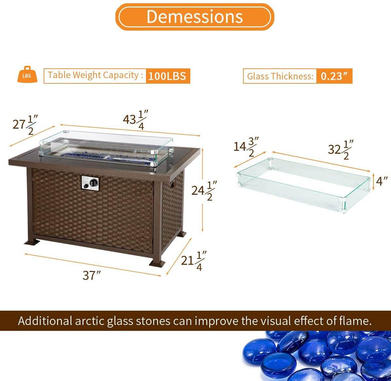 44in Propane Gas Fire Pit Table, Auto-Ignition Gas Firepit with Glass Wind Guard, Black Tempered Glass Tabletop & Blue Glass Stone, Brown Rattan