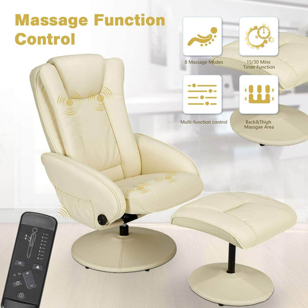 Recliner Chair and Ottoman, 360 Degrees Swivel Ergonomic Faux Leather Lounge Recliner with Footrest, Vibration Massage Lounge Chair with Side Pocket, Cream White