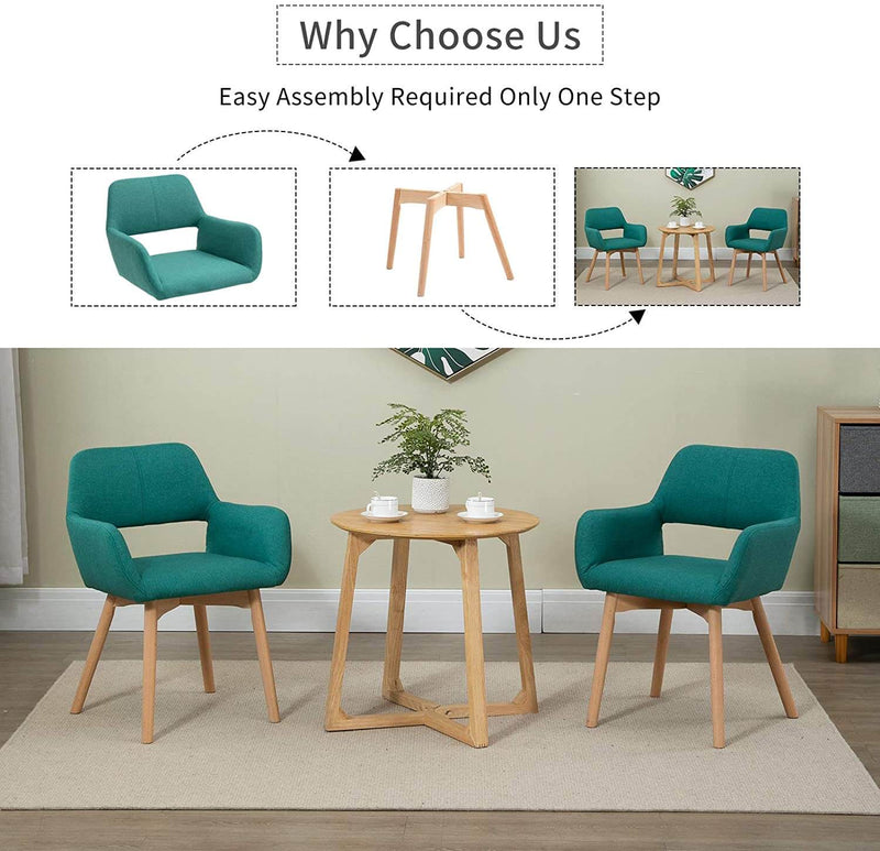Modern Living Dining Room Accent Arm Chairs, Fabric Mid-Century Upholstered Seat with Solid Wood Legs, Green