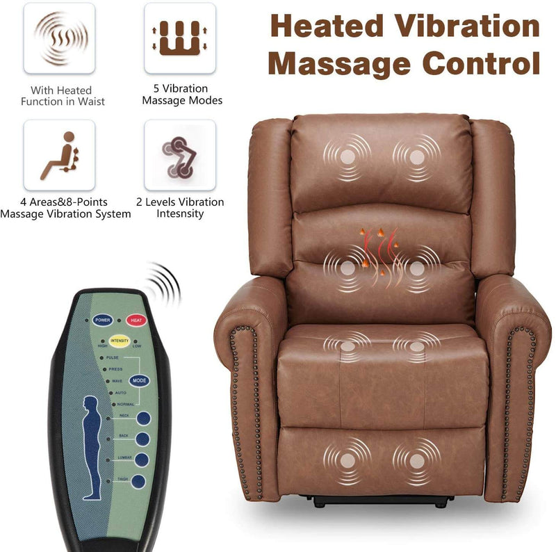 Power Lift Recliner Chair for Elderly, Faux Leather with Rivet Design Electric Recliner Chair with Heated Vibration Massage, Side Pockets & USB Port, Saddle Brown