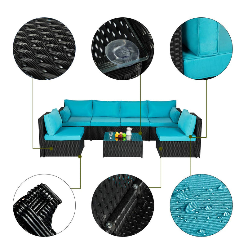 7 Pcs Outdoor Sectional Rattan Furniture Set, Patio Conversation Sets Wicker Sofa Set with Blue Cushion