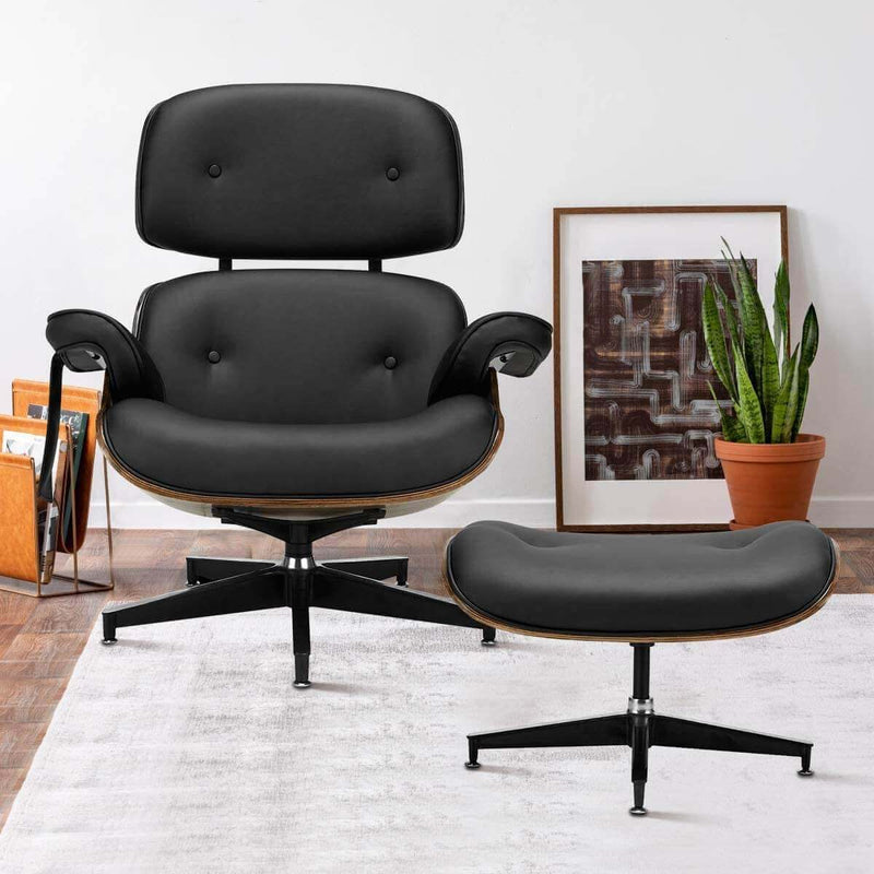 Mid Century Lounge Chair with Ottoman, Classic Lounge Chair Premium Faux Leather with Light Vibration Massage Function and Storage Bag（Black）