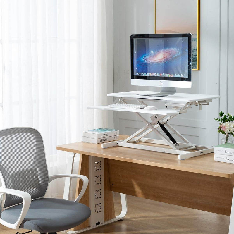 Stand Up Desk Converter 32 Inches Standing Desk Riser, Height Adjustable Home Office Desk with Deep Keyboard Tray for Laptop, White