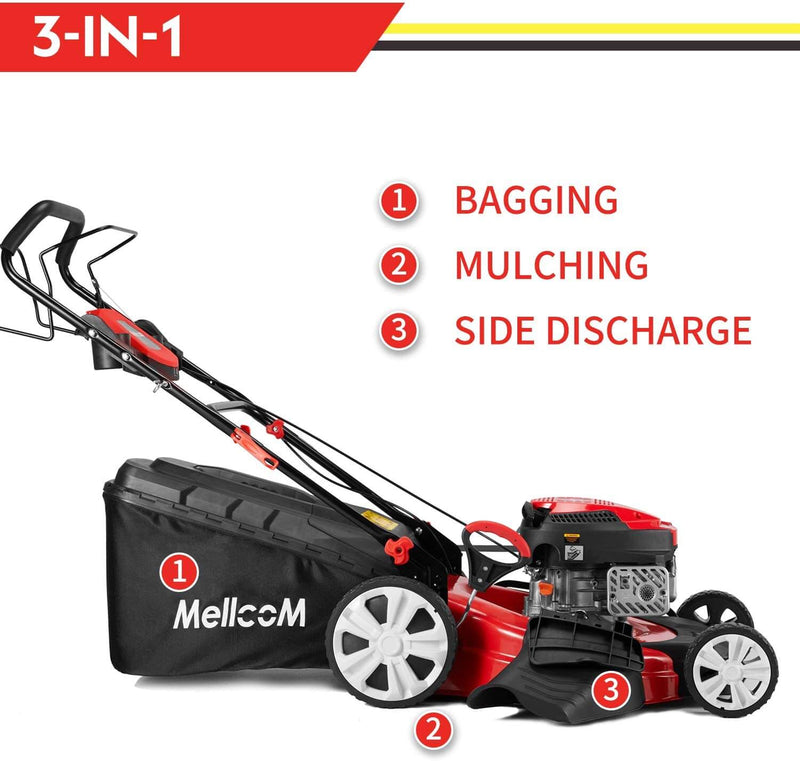 Mellcom Gas Lawn Mower Trimming Mower, 4-in-1 Rear Wheel Drive Trimmer with 16 Gal Grass Box, 8 Adjustable Mower Heights, Adjustable & Foldable Handlebars