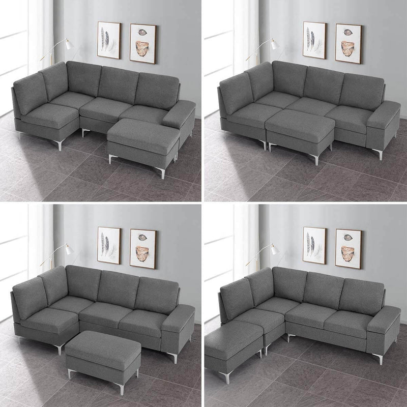 Convertible Sectional Sofa Couch with Ottoman, Sofa Armrest with Storage Function, L-Shaped Sofa with Gray Linen Fabric, for Living Room or Apartment (Left)