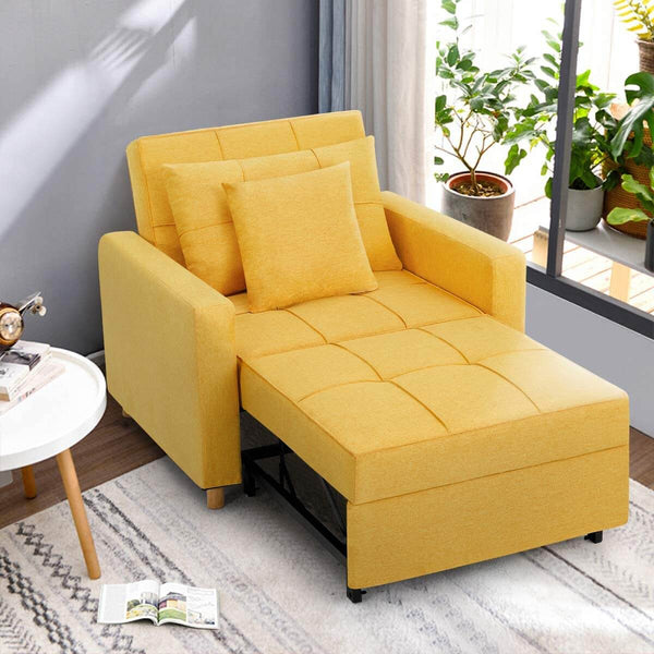 Sofa Bed 3-in-1 Convertible Chair Multi-Functional Adjustable Recliner, Sofa, Bed, Modern Linen Fabric, Yellow