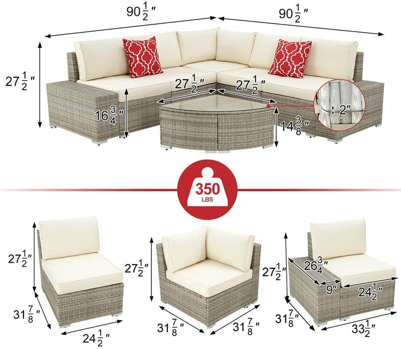 6 Pcs Outdoor Patio Sectional Furniture Set, PE Rattan All Weather Wicker Sofa Set with Cushions Arc-Shaped Table, Gray