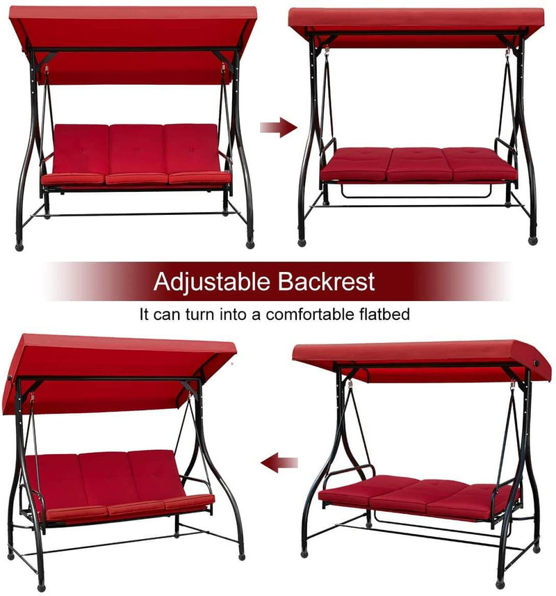 3 Person Patio Porch Swing Outdoor Swing Chair with Adjustable Canopy Weather Resistant Steel Frame & Padded, Red