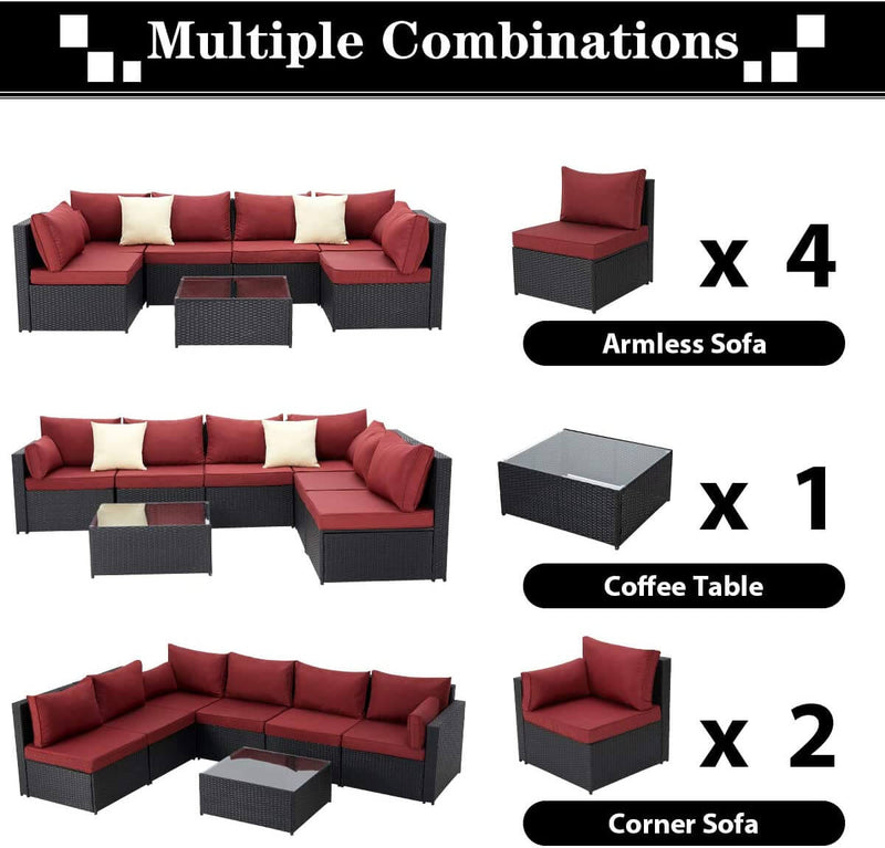 7-Piece Wicker Outdoor Patio Sectional Furniture Set Rattan Patio Conversation Furniture Sets Wicker Sofa Set with Red Cushion