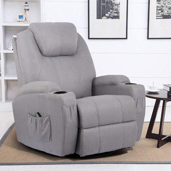 Grey Fabric Massage Recliner Chair 360 Degree Swivel Heated Ergonomic Lounge