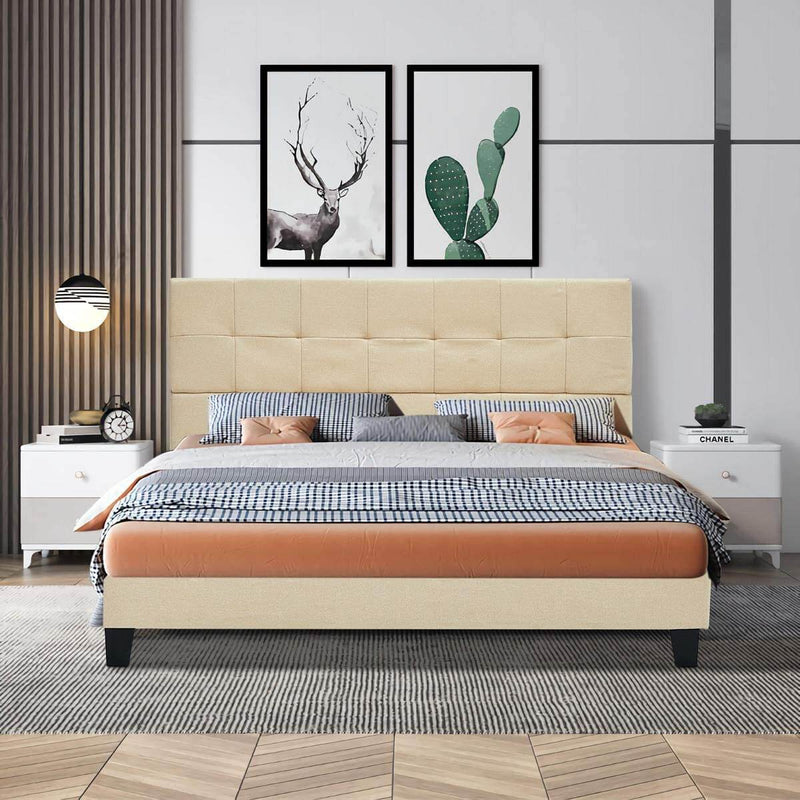 Platform Bed Frame, Queen Size Linen Fabric Bed Frame with Wood Slats Support, Upholstered Platform Bed Mattress Foundation,Easy Assembly (Queen Size/Beige)