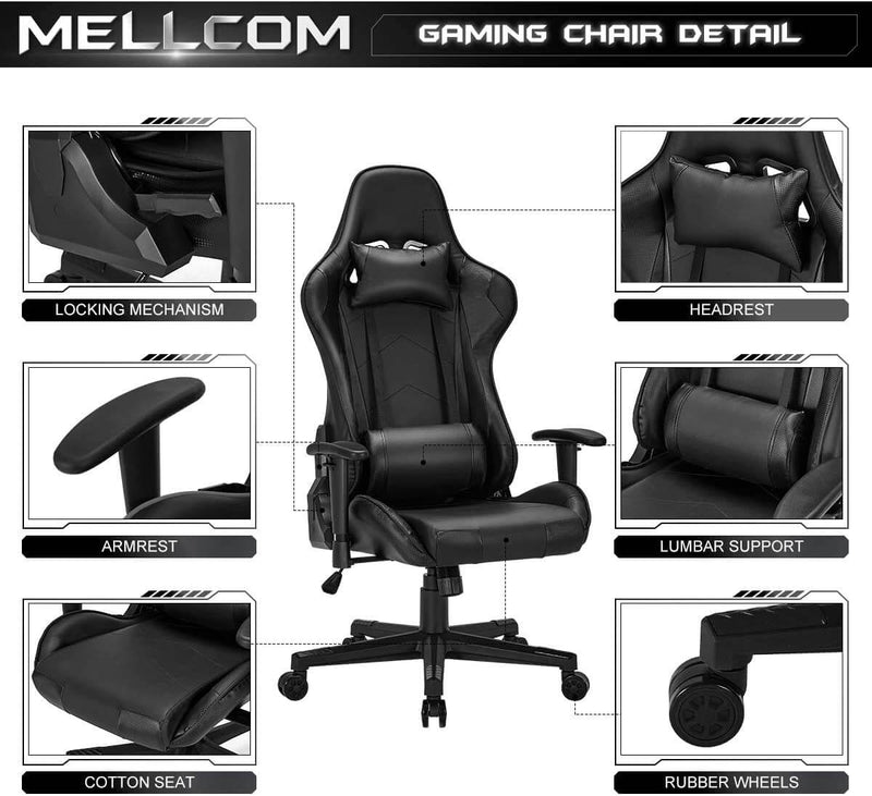 Gaming Chair Computer Game Chair Office Chair Ergonomic High Back PC Desk Chair Height Adjustment Swivel Rocker with Headrest and Lumbar Support Lumbar Pillow (Black)