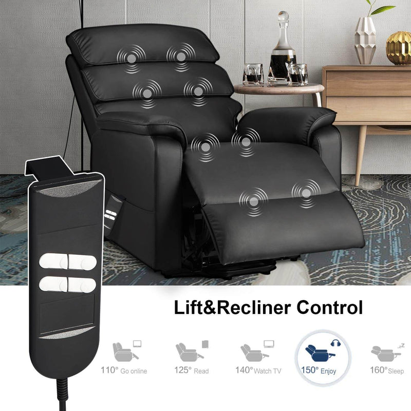 Electric Power Recliner Lift Chair Dual Motor Faux Leather Electric Recliner for Elderly, Heated Vibration Massage Sofa with Side Pockets & Remote Control, Black