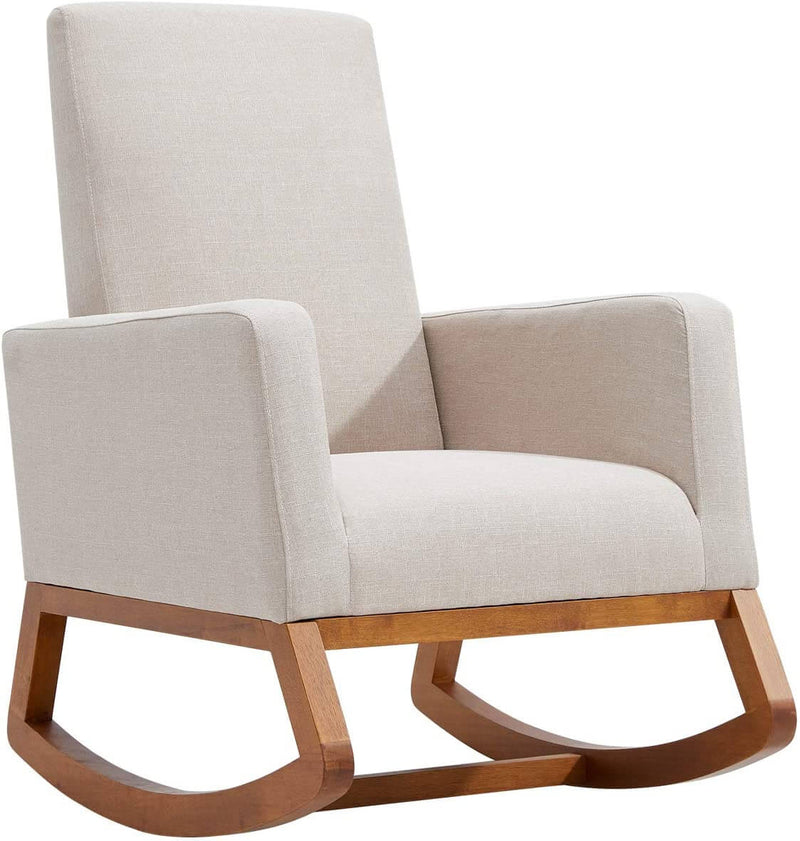 Rocking Chair Mid Century Accent Chair Glider Rocker, Seat Wood Base, High Back Linen Armchair, Beige