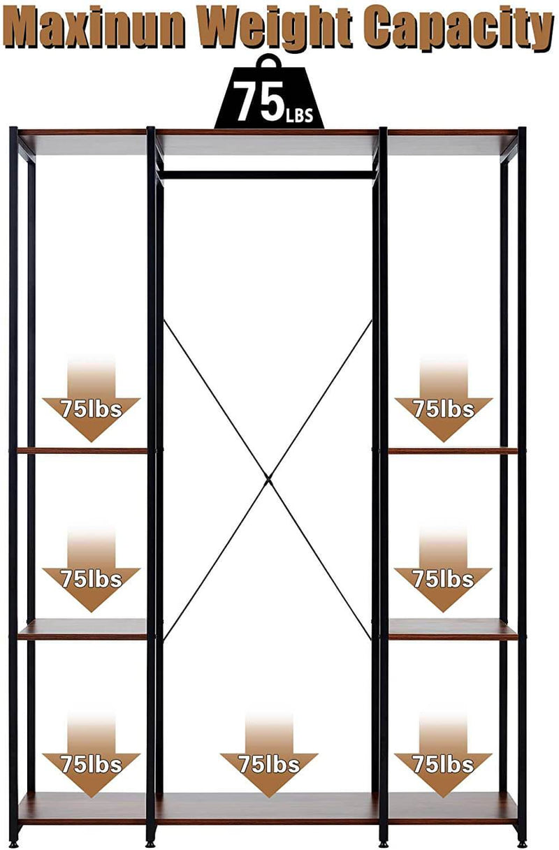 Garment Rack Freestanding Heavy Duty Closet Organizer Wardrobe Wood Clothing Shelves w/ Hanging Rod, Extra Large Armoire Storage Metal Clothing Rack
