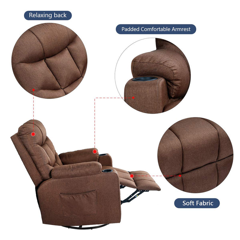 Coffee Fabric Massage Recliner Chair 360 Degrees Swivel Heated Ergonomic Lounge Chair