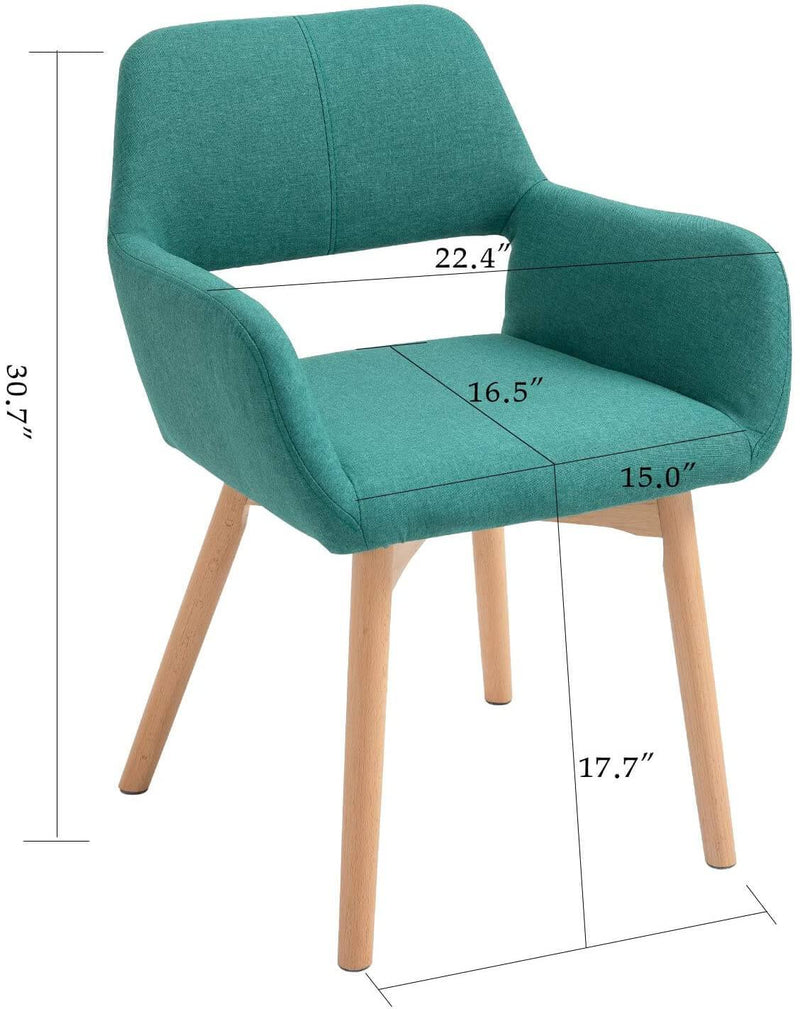 Modern Living Dining Room Accent Arm Chairs, Fabric Mid-Century Upholstered Seat with Solid Wood Legs, Green