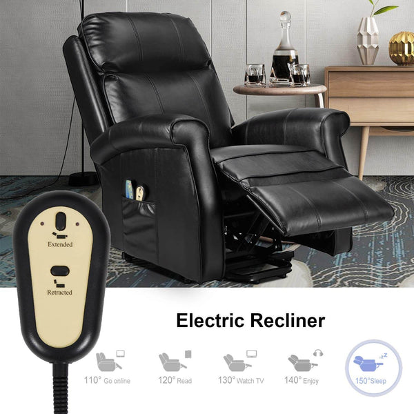 Electric Power Lift Recliner Chair, Faux Leather Electric Recliner for Elderly with Heated Vibration Massage, Side Pocket & Remote Control, Black