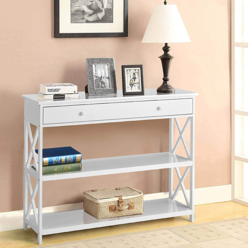 Console Table Sofa Table Entryway Table 3 Tiered Sofa Table Classic X Design with Drawer, Entryway Hall Table, Narrow Easy Assembly White