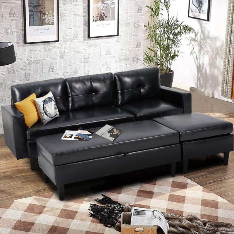 Small Black Faux Leather Sectional Sofa with Storage Ottoman and Chaise Lounge, 3-Seat Living Room Furniture Sets for Small Apartment, Black