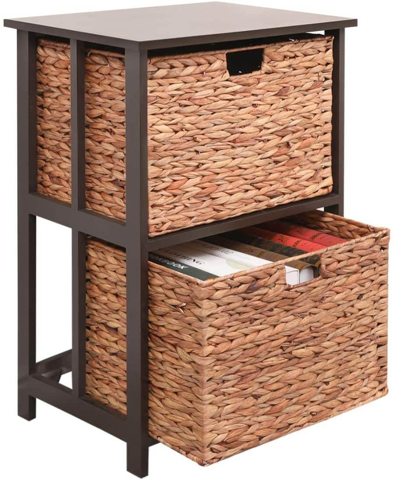 2 Tier with 2 Rattan Wicker Basket Storage Tower,Water Hyacinth Storage Tower Beside Table Storage Organizer End Table for Bathroom