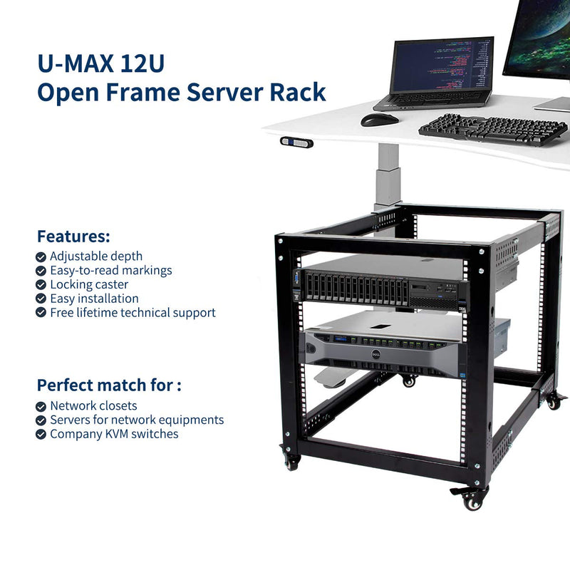 12U Network Rack Open Frame Server Rack Shelf Adjustable Depth with Casters
