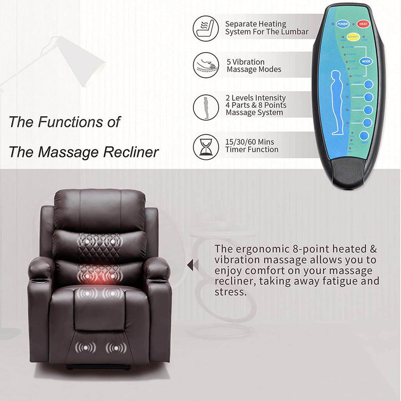 Power Lift Recliner Chair with Heated & Vibration Massage for Elderly, PU Leather Electric Recliner Sofa with Diamond Lattice Backrest Design(Brown)