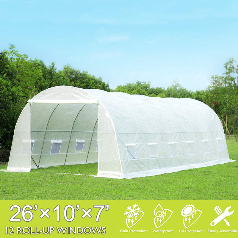 26' x 10' x 7' Large Tunnel Greenhouse, Walking in Hoop Greenhouse, Plant Hot House , White