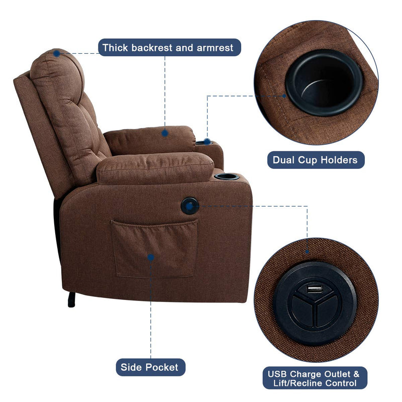 Power Lift Chair Electric Recliner for Elderly Heated Vibration Fabric Sofa Motorized Living Room Chair with Side Pocket and Cup Holders, Brown