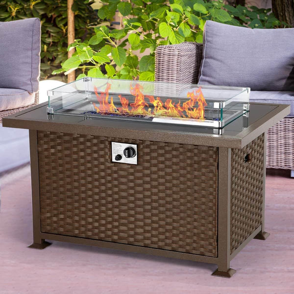 44in Propane Gas Fire Pit Table, Auto-Ignition Gas Firepit with Glass Wind Guard, Black Tempered Glass Tabletop & Blue Glass Stone, Brown Rattan