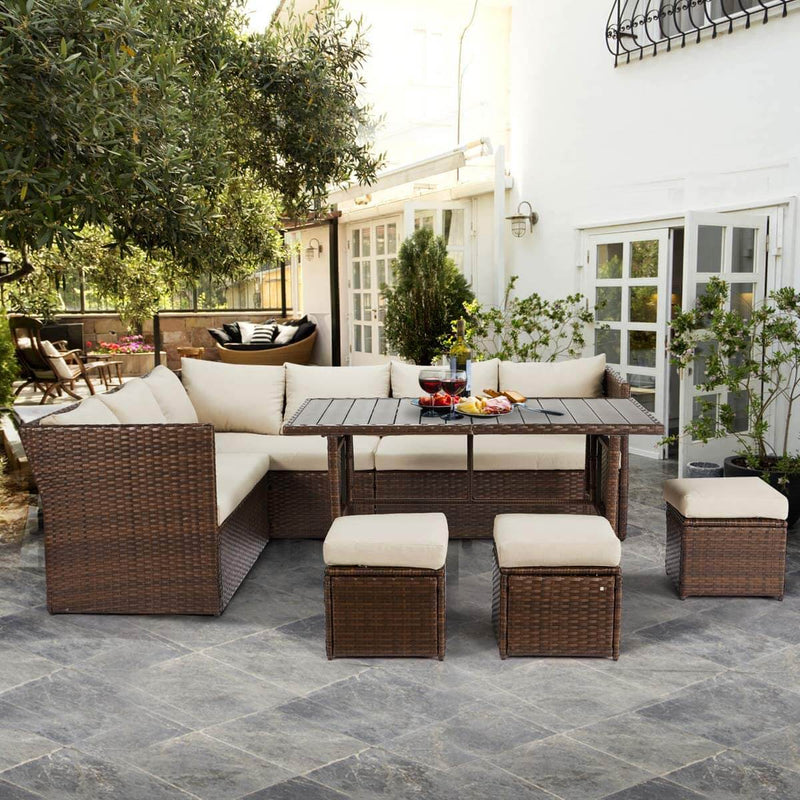 Outdoor Patio Sectional Furniture Set, 7 Pcs Outdoor Conversation Sets, Patio Dining Sets All Weather Wicker Sectional Sofa with Ottoman, Brown