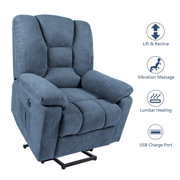Power Lift Microfiber Electric Recliner Chair with Heated Vibration Massage Sofa Fabric Living Room Chair with Side Pockets, USB Charge Port & Massage Remote Control, Blue