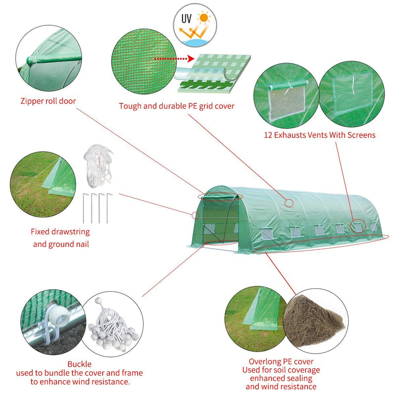 26' x 10' x 7' Large Tunnel Greenhouse, Plant Hot House Walking in Greenhouse, Green