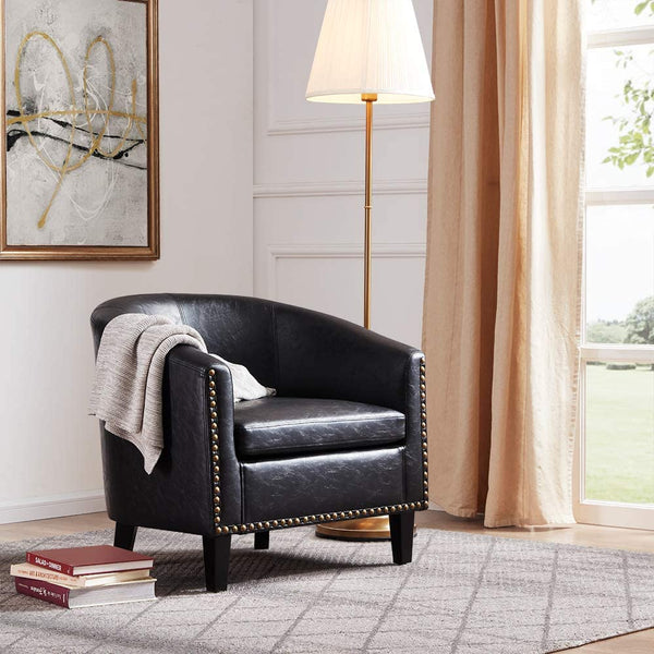 Modern Tub Barrel Accent Chair Upholstered Faux Leather with Nail Head, Black