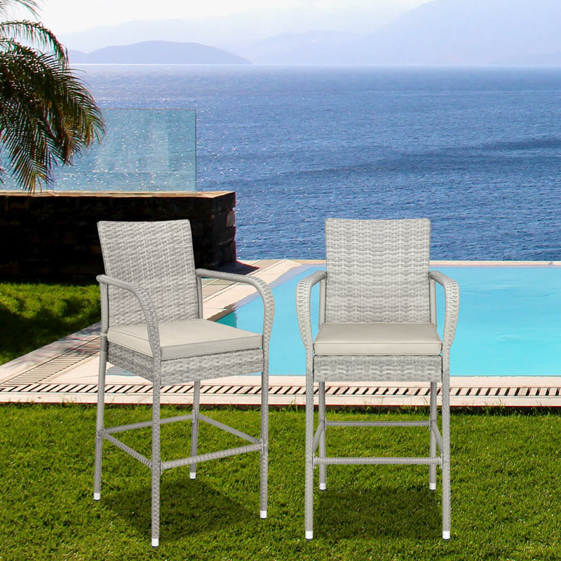 2-Piece Outdoor PE Rattan Wicker Chairs, High Bar Stool Chair, Patio Furniture Set with Cushions Armrest and Footrest, Gray