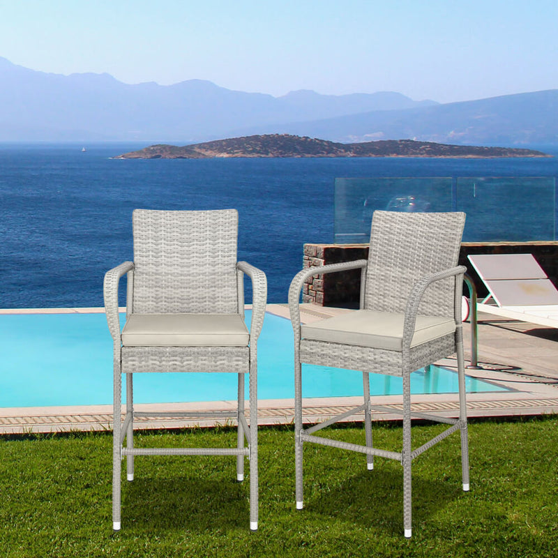 2-Piece Outdoor PE Rattan Wicker Chairs, High Bar Stool Chair, Patio Furniture Set with Cushions Armrest and Footrest, Gray