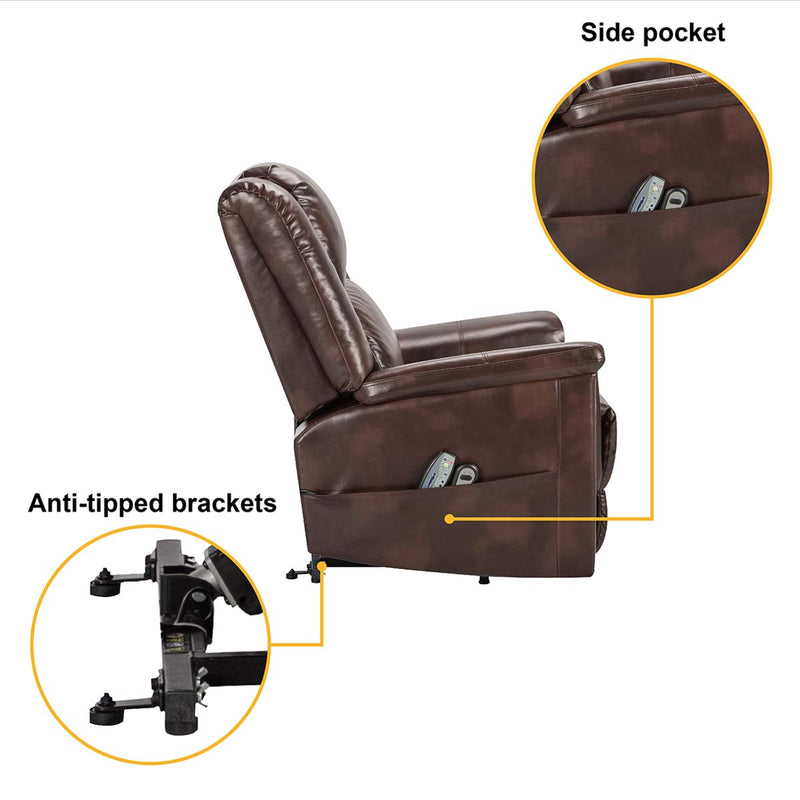 Power Lift Chair Electric Recliner for Elderly with Heat and Massage, 3 Positions, 2 Side Pockets, Faux Leather Recliners, Luxury Brown
