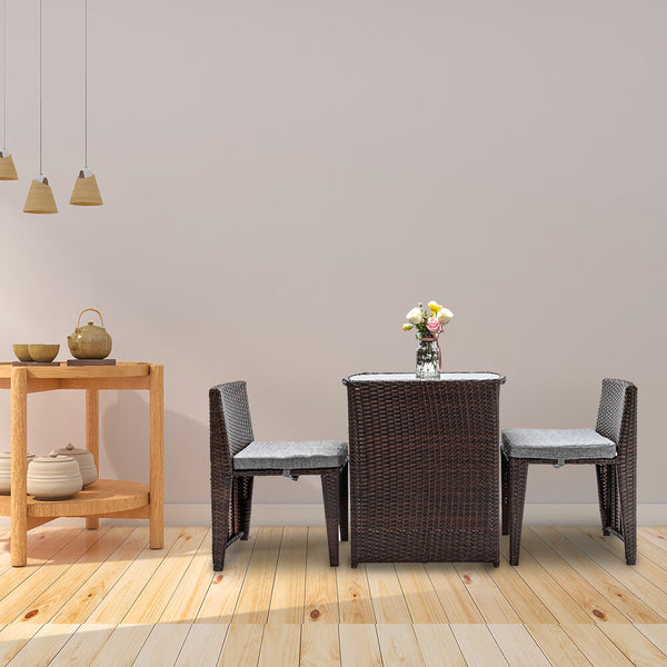 3 Pieces Rattan Wicker Bistro Set with Glass Top Table 2 Chairs Space Saving Design Brown