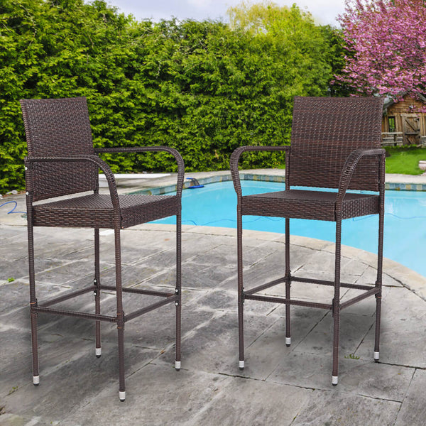 2 Pieces Rattan Bar Chair Patio Stool With Cushion Brown
