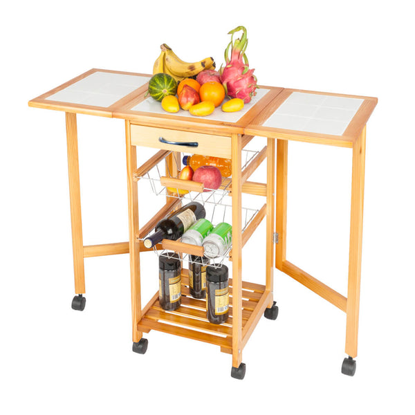 Portable Rolling Drop Leaf Kitchen Storage Trolley Cart Island Sapele Color